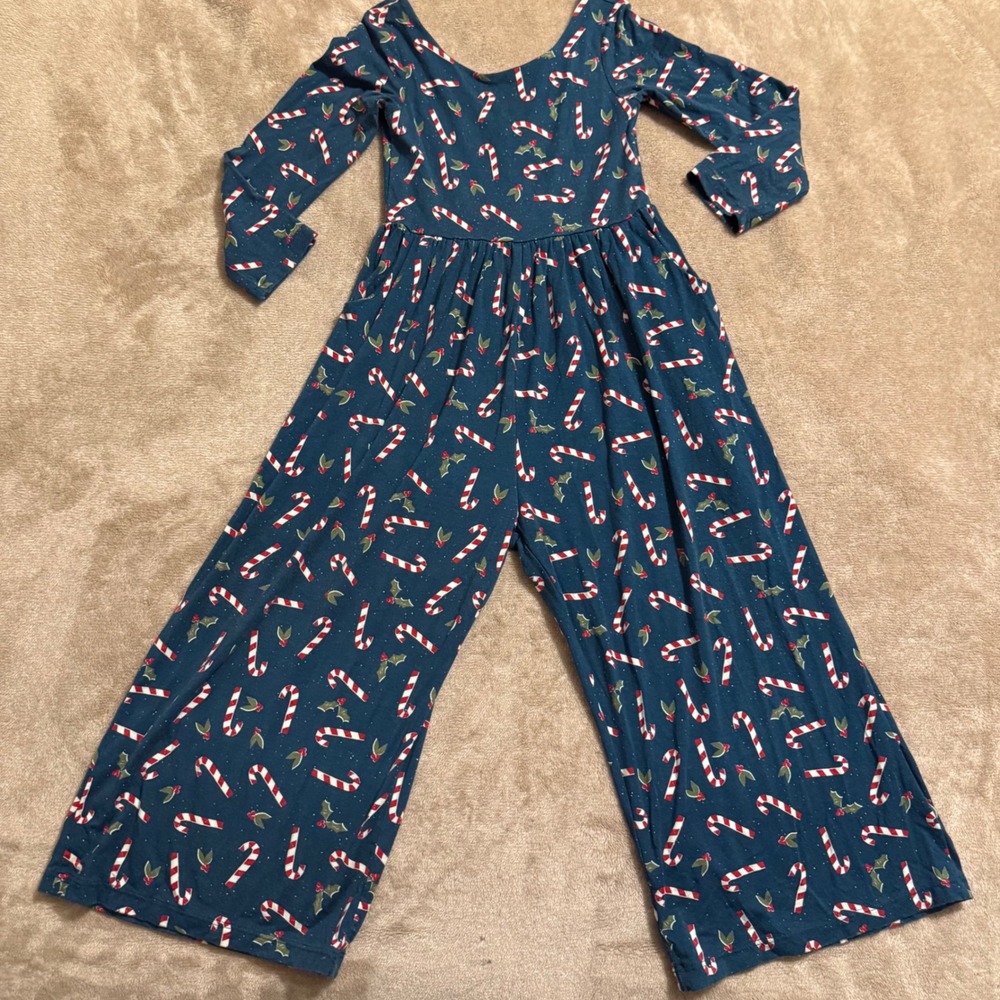 SweetHoney Kids Holiday Candy Cane Holly Jumpsuit Teal Long Sleeve Wide Leg 6Y